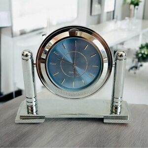 IBM Chrome Swivel Desk Clock 4" Blue Dial Quartz Stainless Steel Vintage